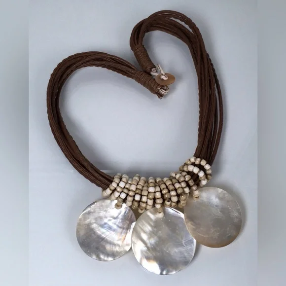 Multi-cord Shell Statement Necklace Brown Tan Ivory 20” Long - Picture 4 of 5